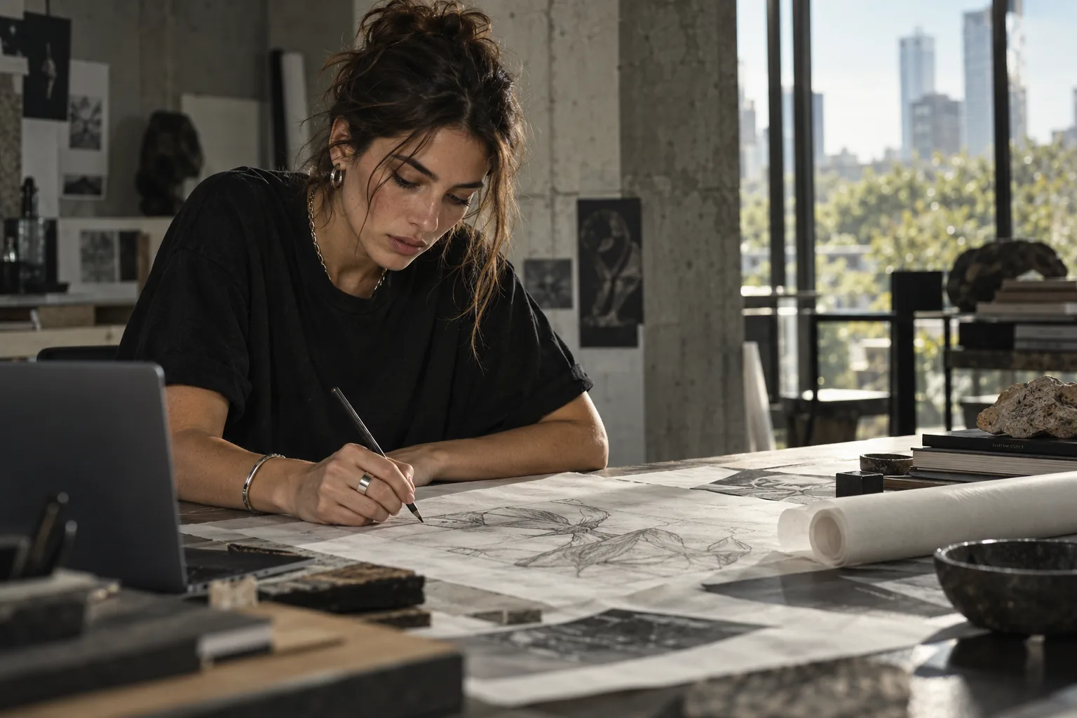 Profissional concentrada desenhando e criando em seu estúdio