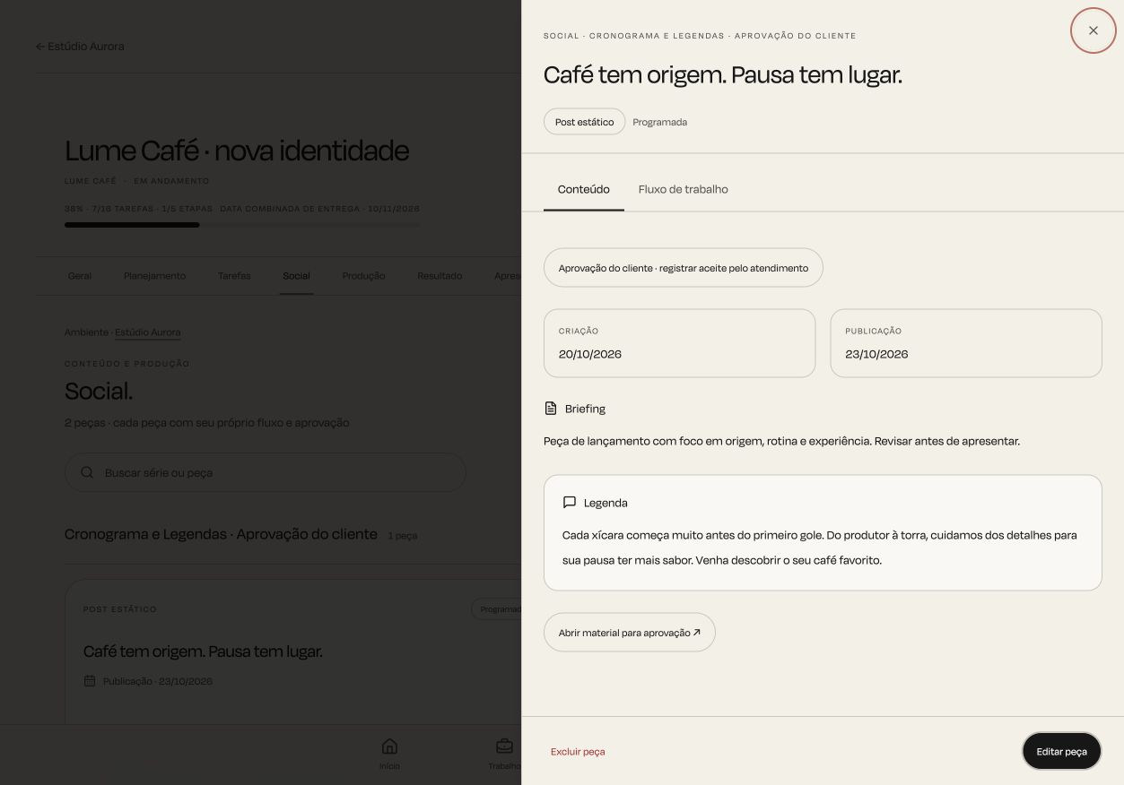 Tela real de aprovação do Moodflow, com material e legenda demonstrativos