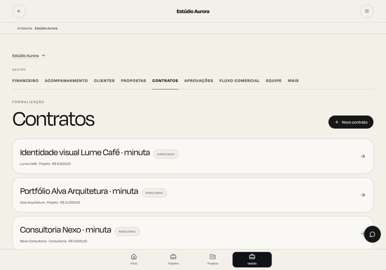 Tela real de contratos e propostas vinculadas no Moodflow