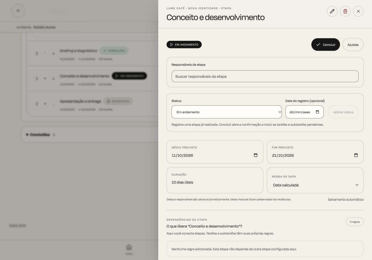 Planejamento real de etapas, tarefas e responsáveis no Moodflow