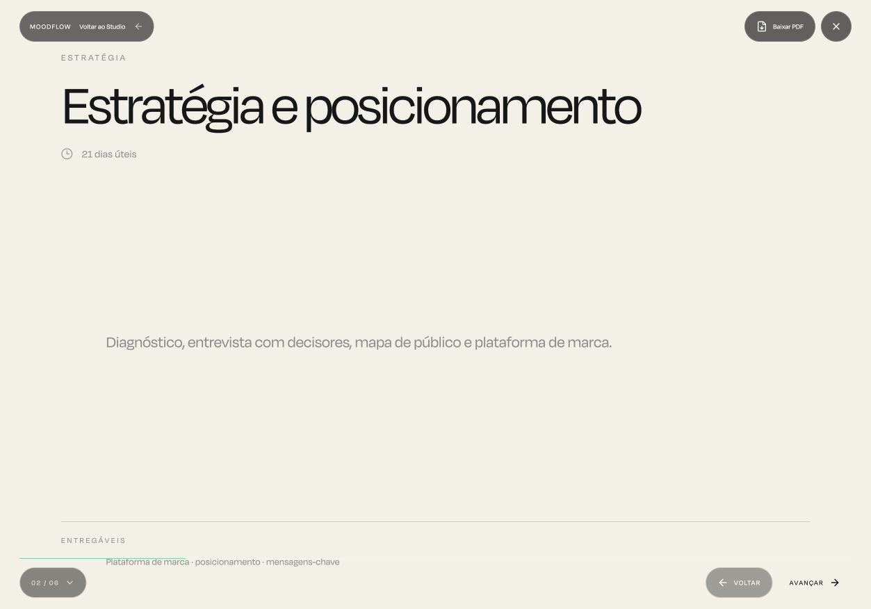Prévia real de uma apresentação de proposta no Moodflow, com conteúdo demonstrativo